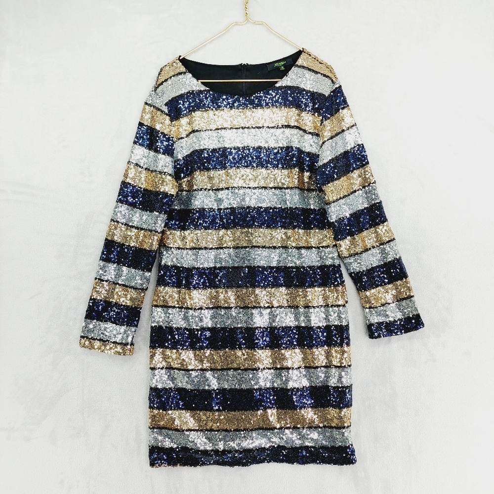 XTAREN Blue Gold Silver Striped Sequin Long Sleeve Evening Formal Dress P6871